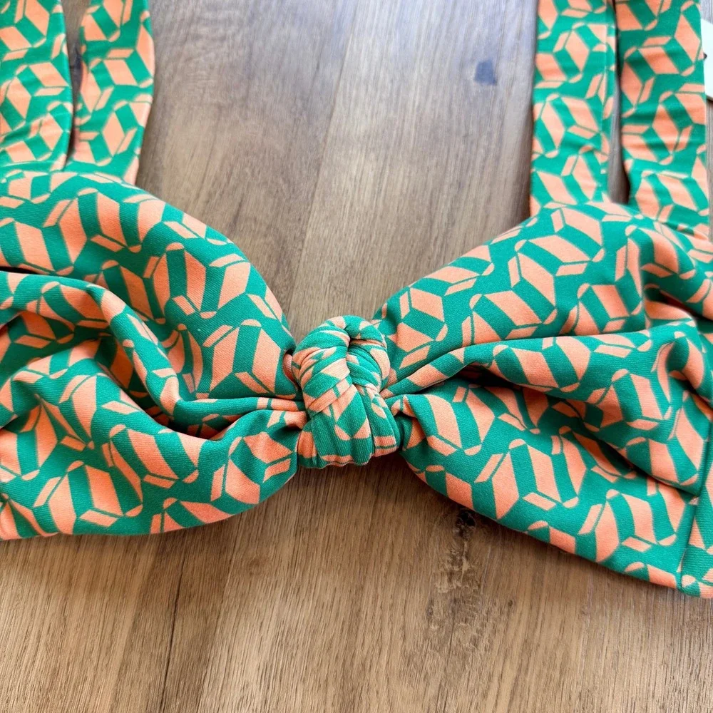NWT Montce Geo Hayden Bikini Top Green Orange Geometric Knot Front Swim Size S